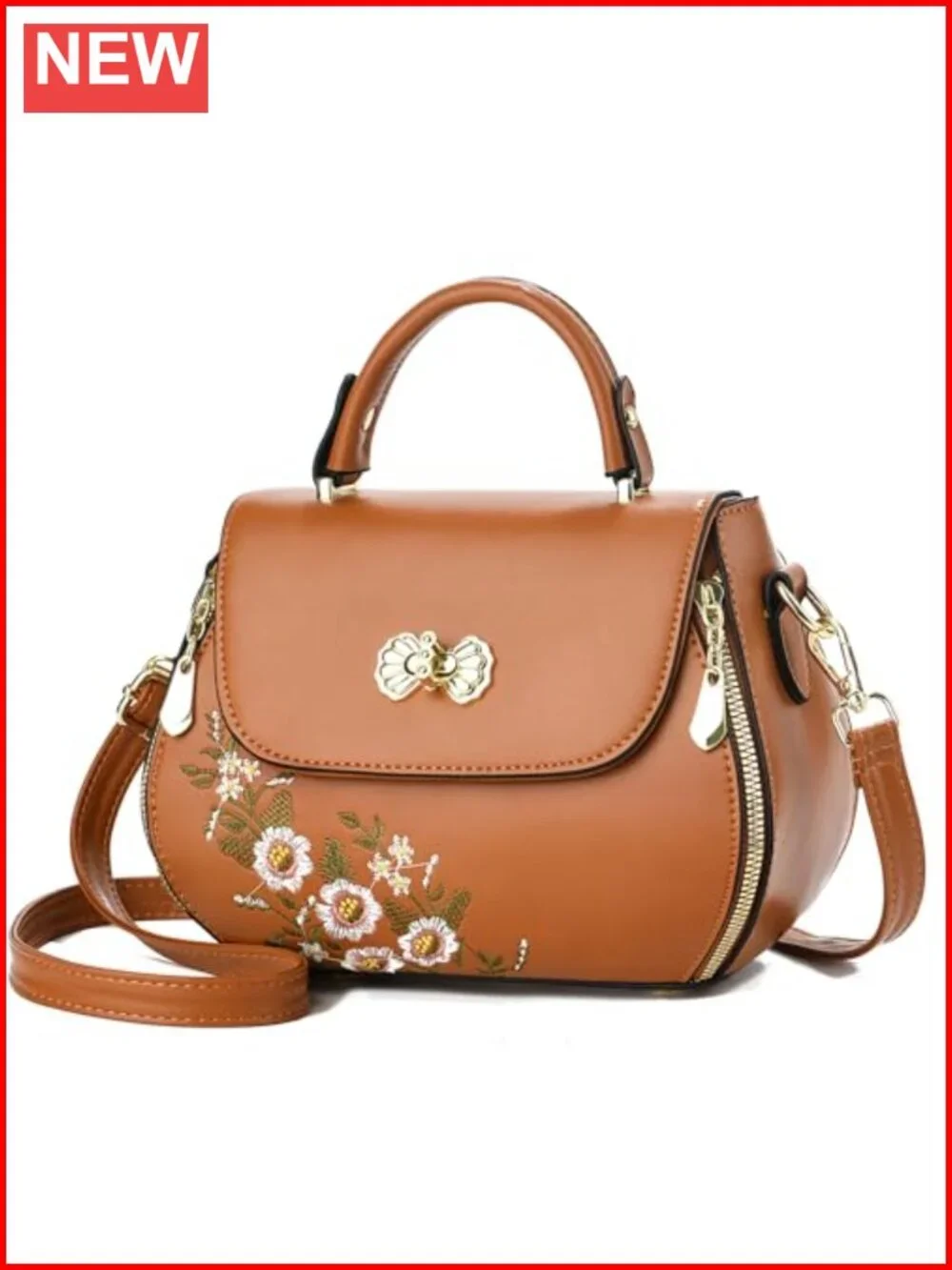 Embroidered PU Leather Satchel Handbag Women Top Handle Flap Crossbody Bag